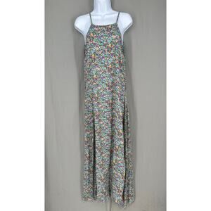 Silk Salt Dress Womens Medium Blue Floral Maxi Ditsy Front Slits Boho Cottage
